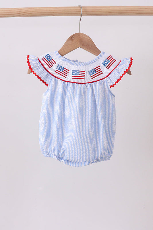Blue seersucker flag smocked ruffle bubble