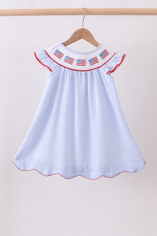 Blue seersucker flag smocked ruffle dress