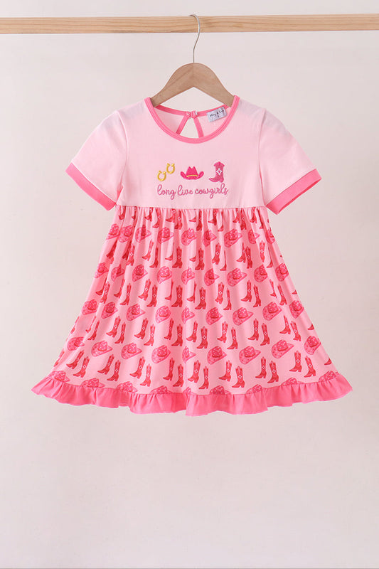 Pink Cowgirl Boots Embroidery Dress