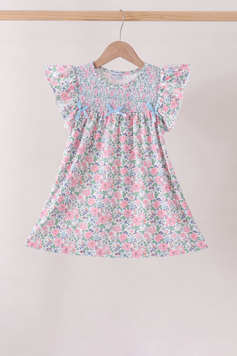 Blue Floral Smocked Ruffle Dress