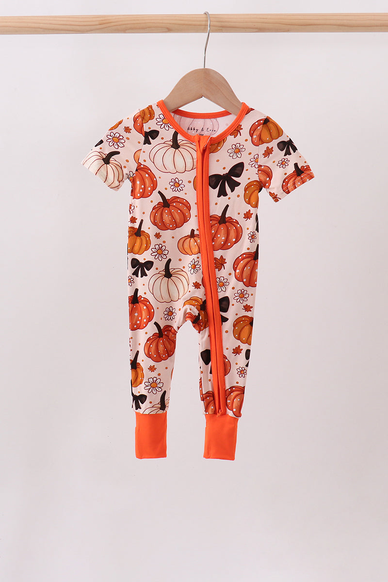 Orange Pumpkin Floral Bow Bamboo Romper