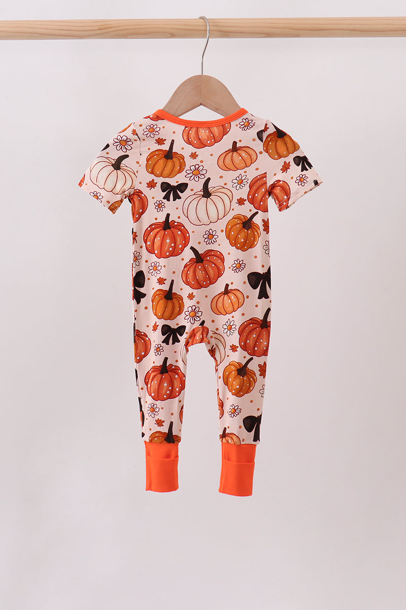 Orange Pumpkin Floral Bow Bamboo Romper
