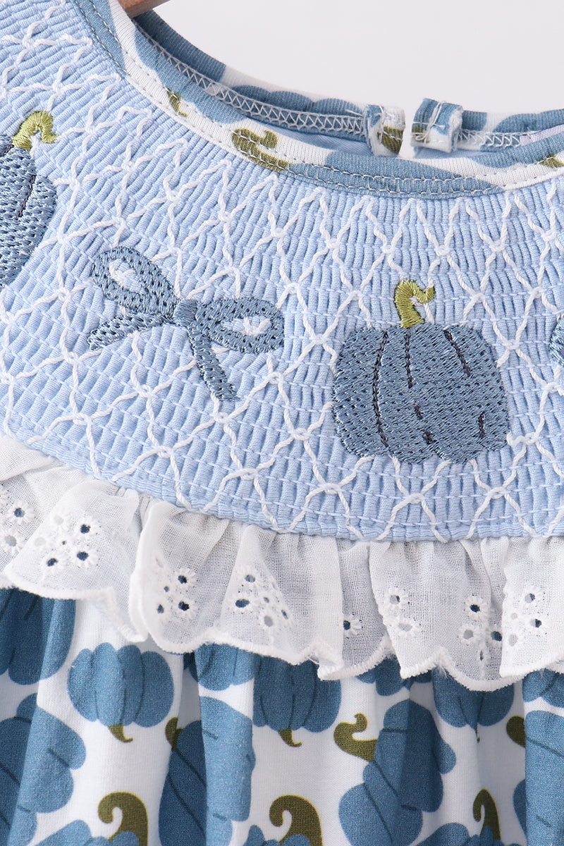 Blue pumpkin bow smocked lace dress