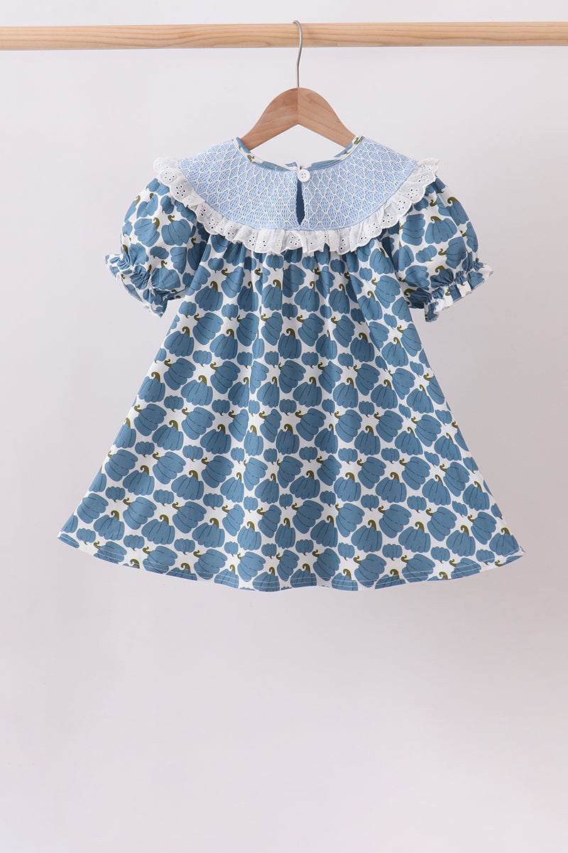 Blue pumpkin bow smocked lace dress