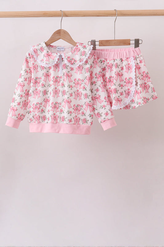 Pink Floral Bow Lace Skorts Set