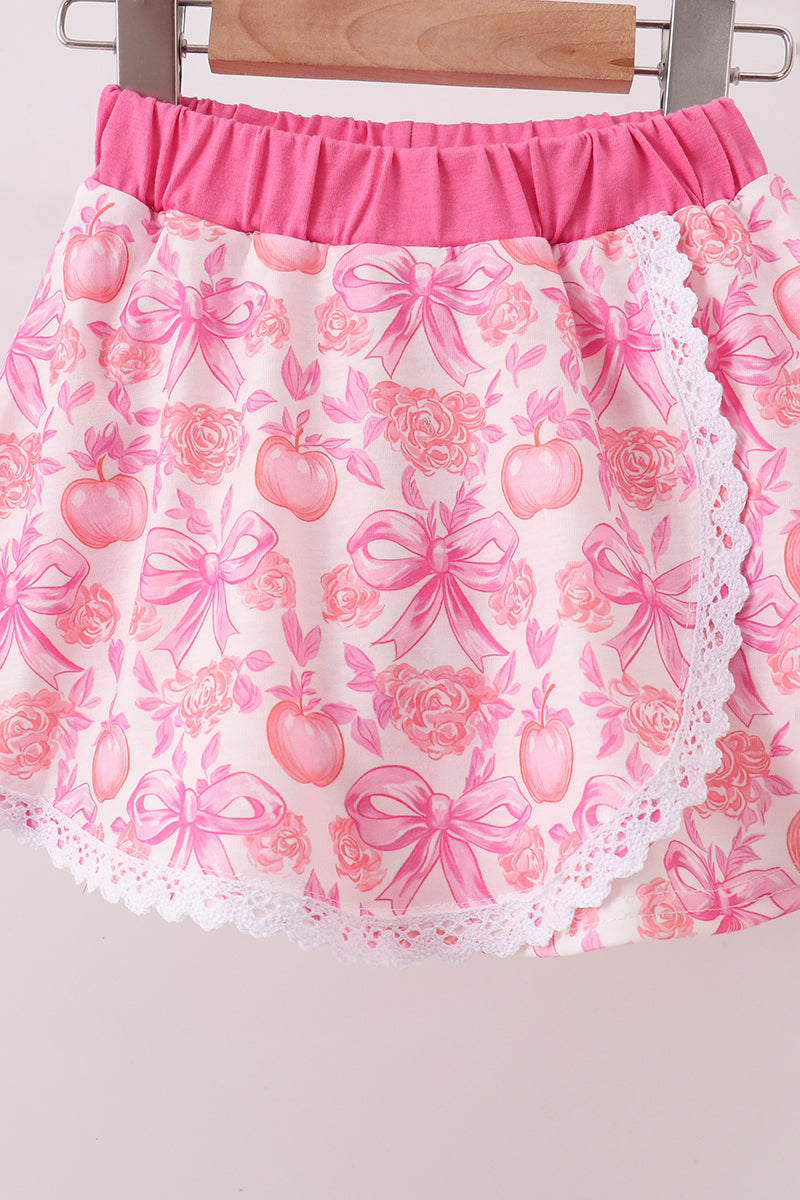 Pink Pumpkin Bow Lace Skorts Set