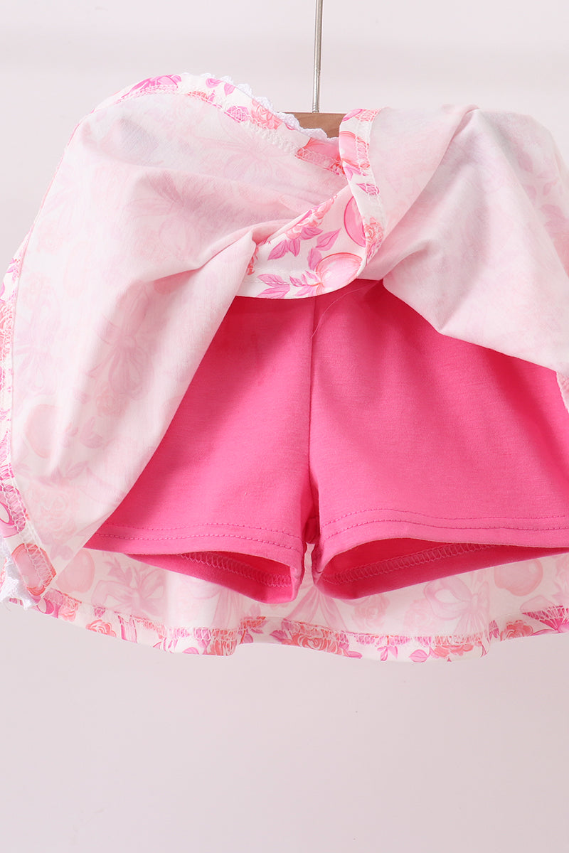 Pink Pumpkin Bow Lace Skorts Set
