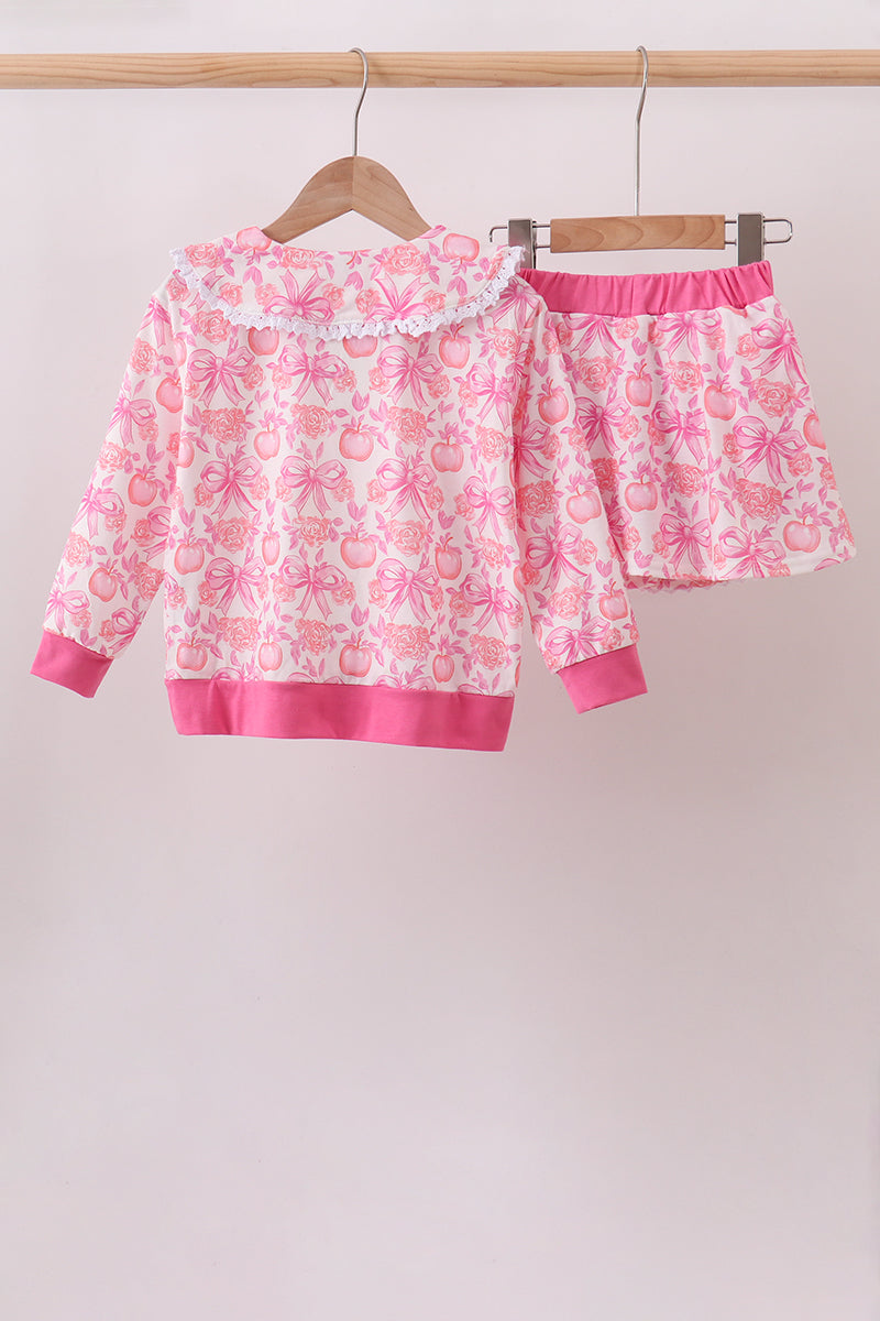 Pink Pumpkin Bow Lace Skorts Set