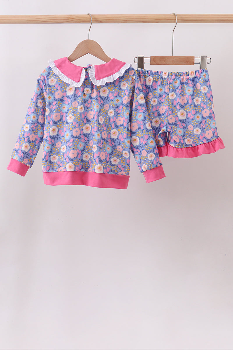 Purple Floral Ruffle Shorts Set
