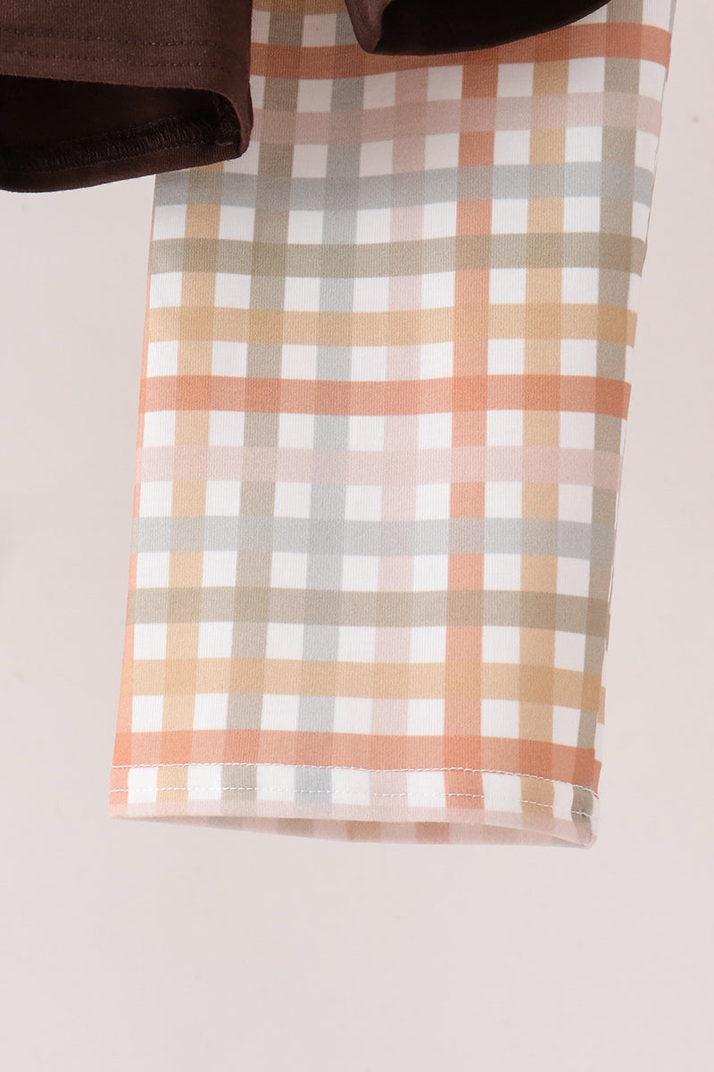 Brown deer applique plaid pants set