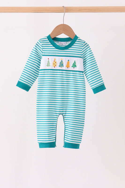 Green Christmas Tree Embroidery Stripe Romper