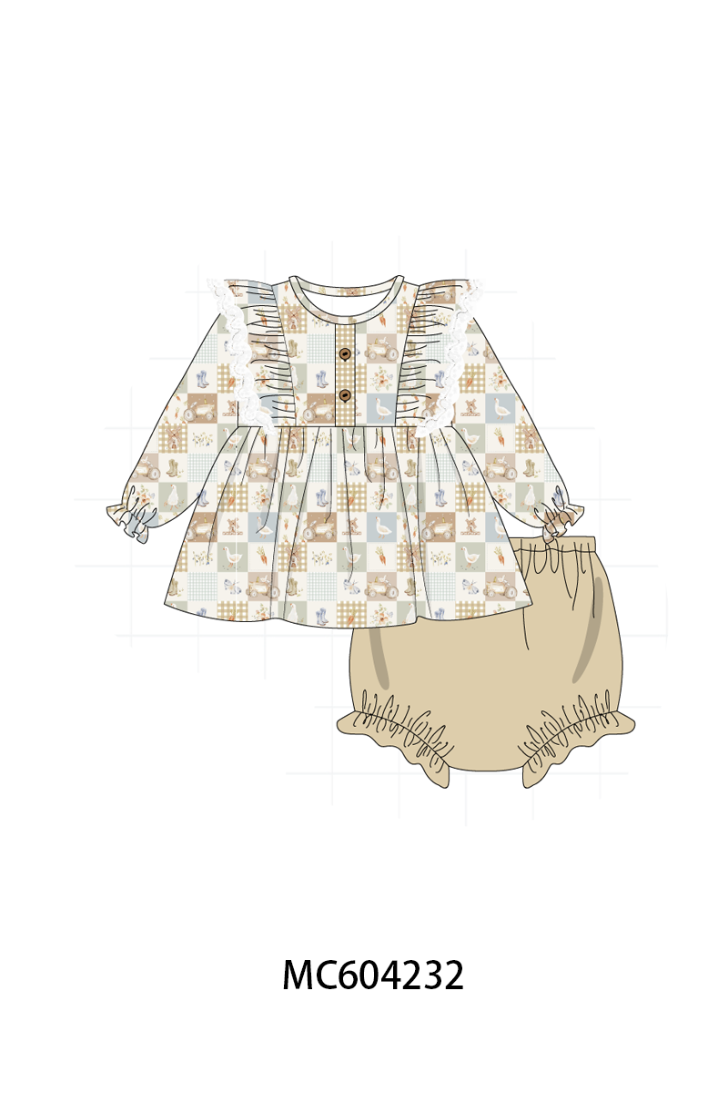 Khaki farm checkered ruffle bloomer set