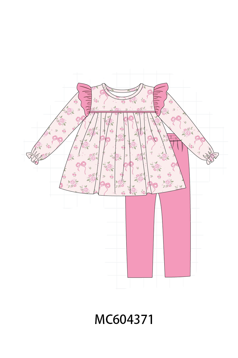 Pink floral bow ruffle pants set