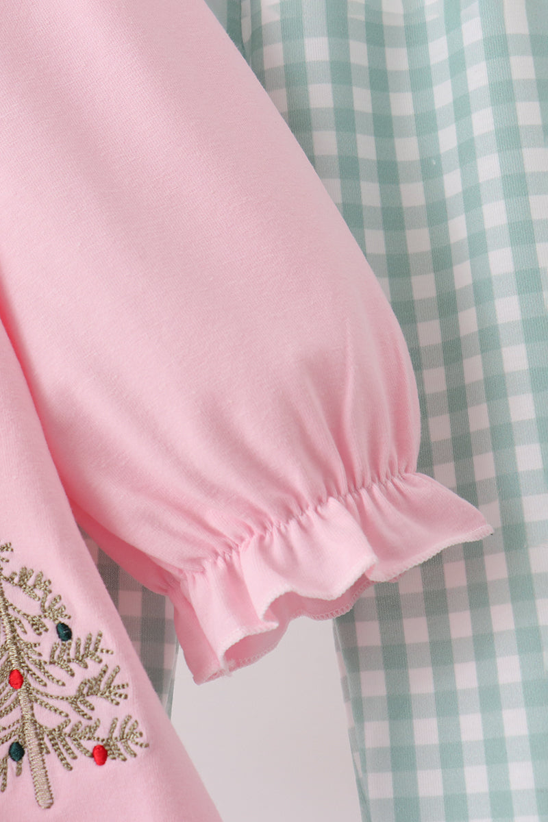 Pink Christmas Embroidery Pants Set