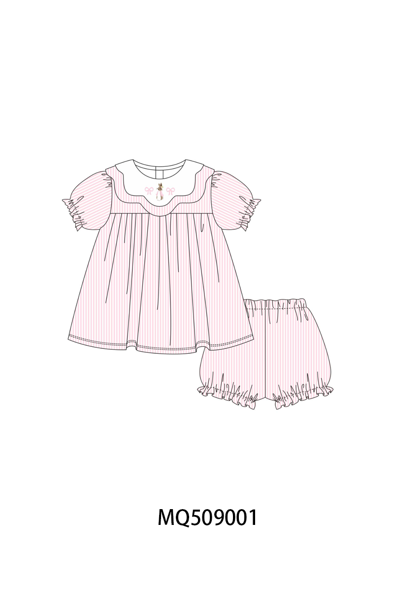 Pink stripe bunny bow embroidery bloomer set