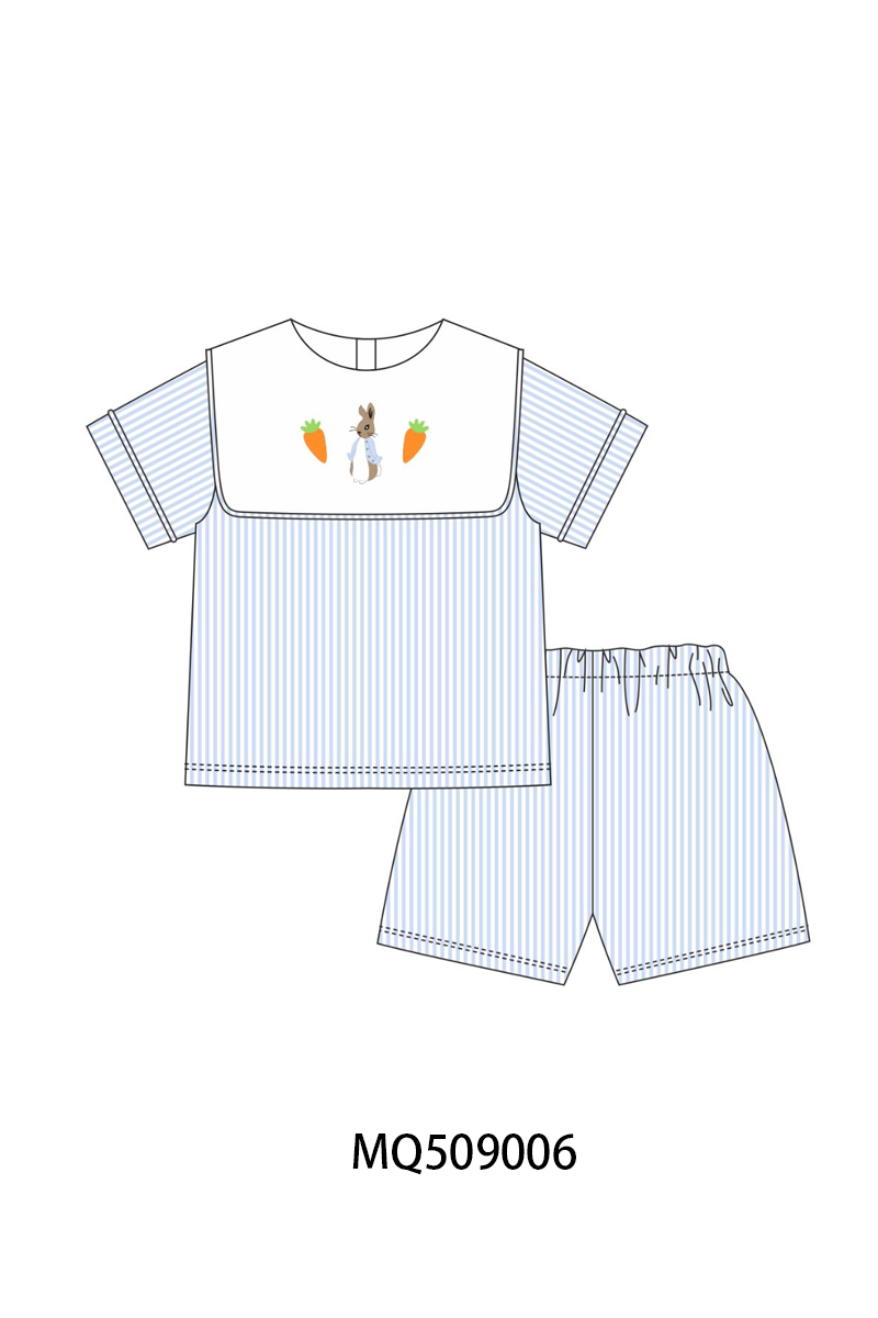 Blue stripe bunny carrot embroidery shorts set