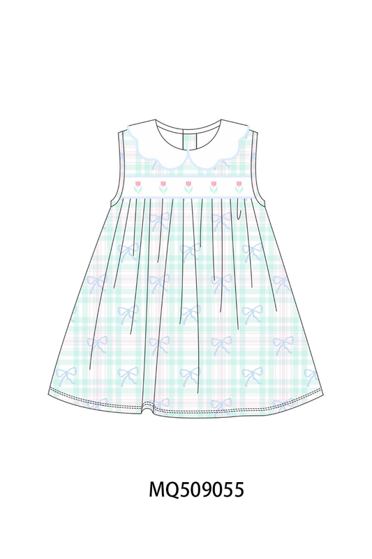 Blue plaid bow floral dress