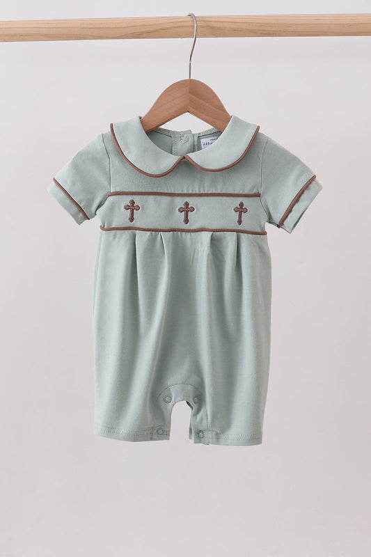 Sage cross embroidery peter pan collar romper