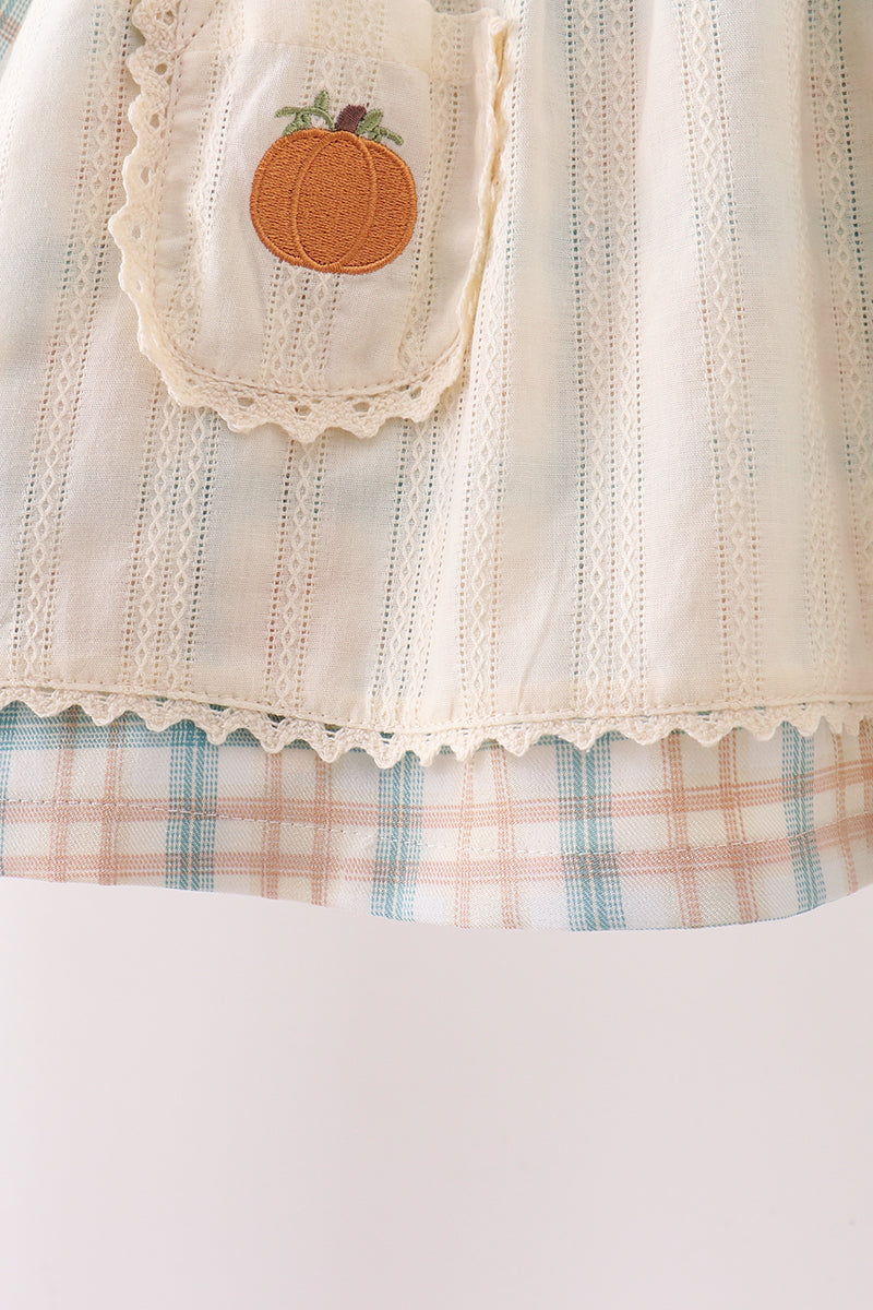 Cream pumpkin embroidery plaid bloomer set