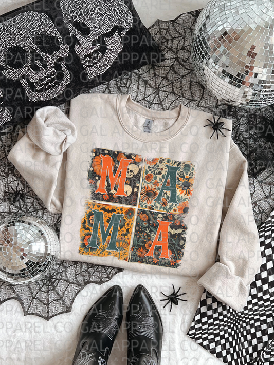 Mama retro FAN FAV spooky block sweatshirt & tee skulls, bats, ghost spooky fun