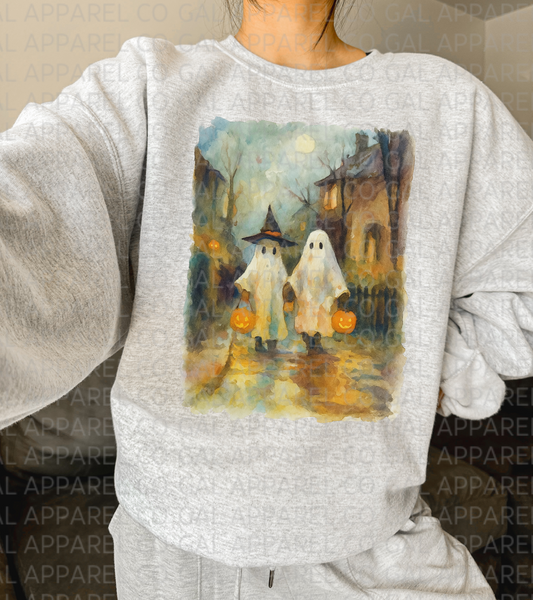 “Little Haunters” Halloween Ghost Tee or Sweatshirt – Vintage Watercolor Trick-or-Treat shirt