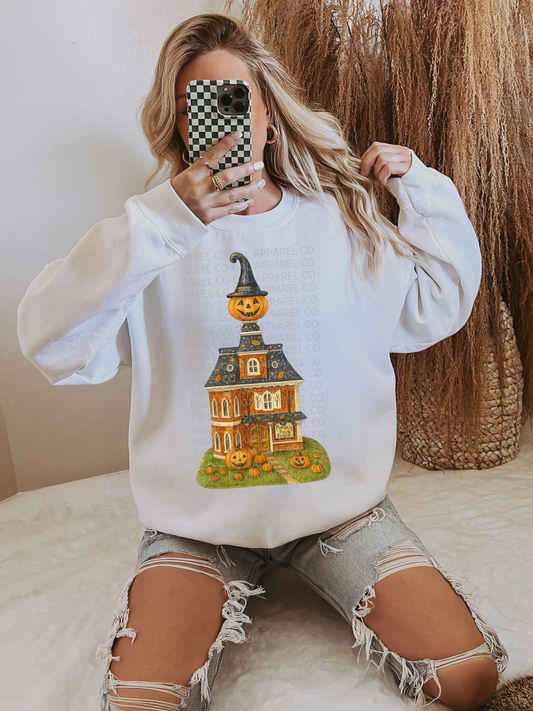 Pumpkin Head Hat House “Jack’s Trick-or-Treat Tavern” Tee or Sweatshirt – Halloween Graphic Shirt