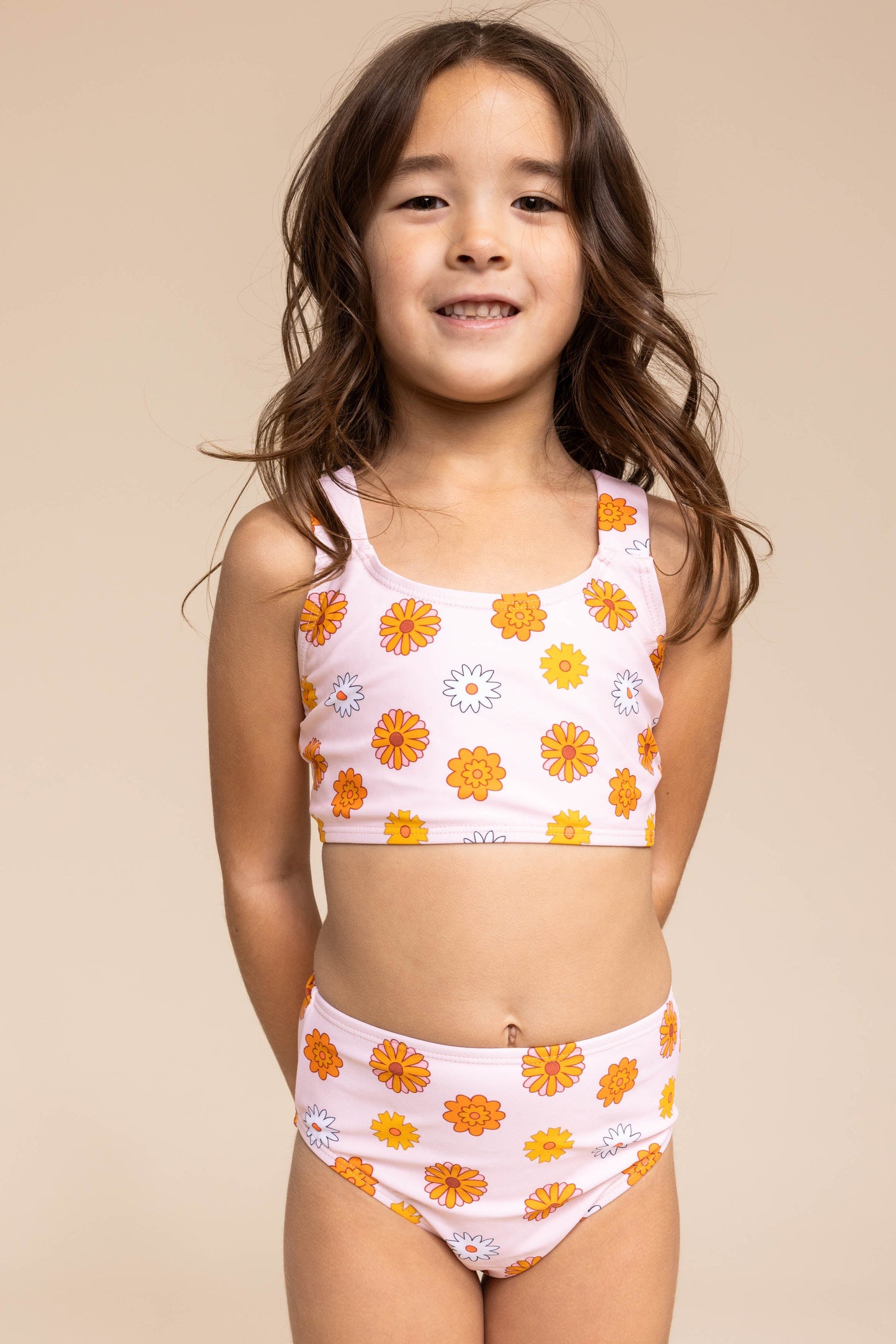 Orange floral print 2pc girl swimsuit (size run small, go up 2-3 sizes)