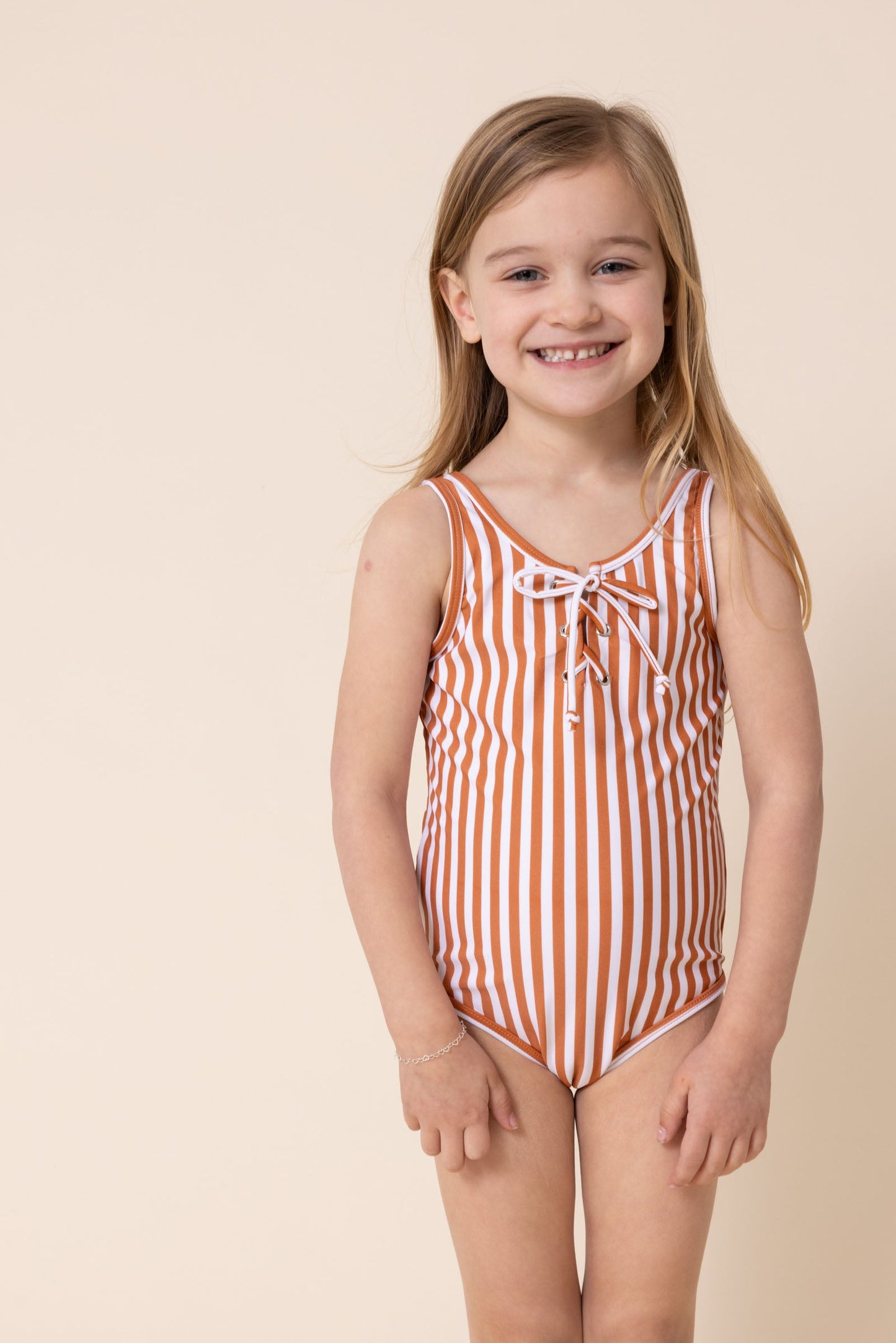 Terracotta stripe tie one piece girl swimsuit