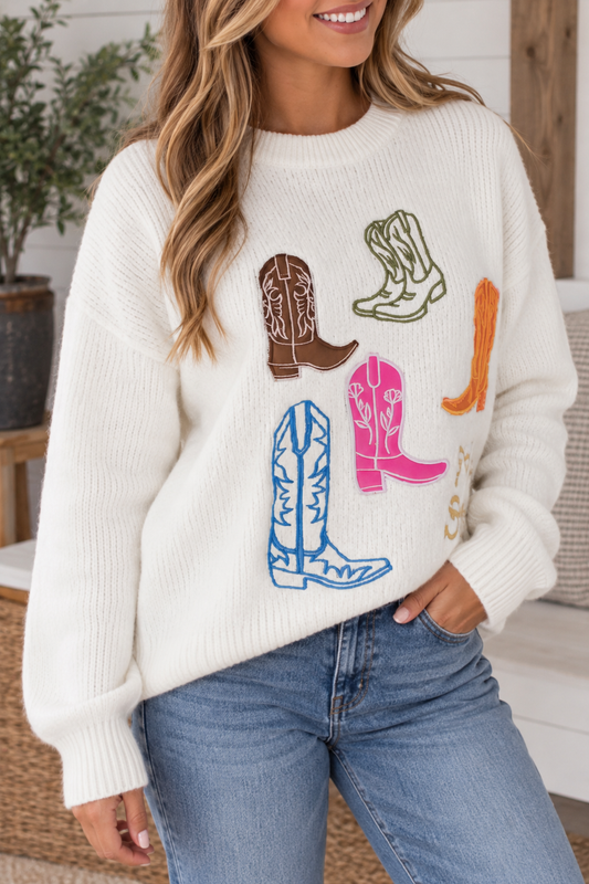Western Boots Embroidered Sweater Full Run RTS