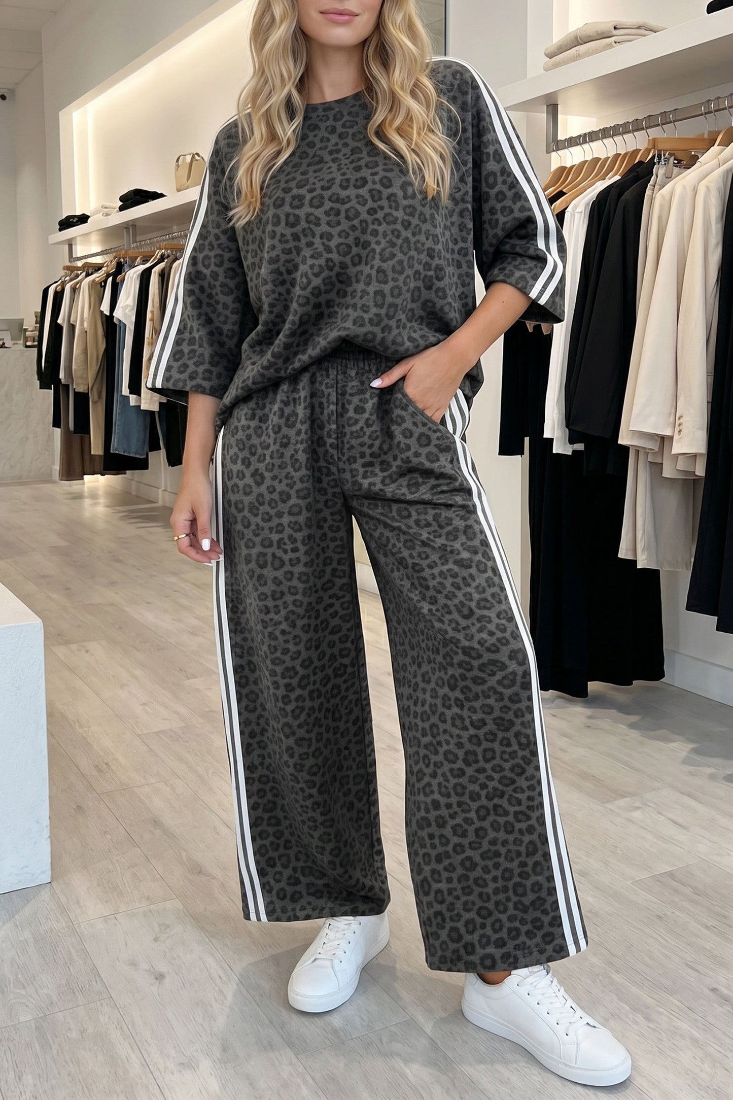 Leopard Varsity Stripe Pant Set Full Run RTS