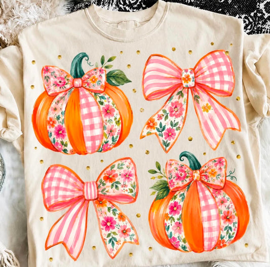 Floral Pumpkin Bow Graphic Tee | Pink Gingham Fall Shirt | Girly Pumpkin T-Shirt