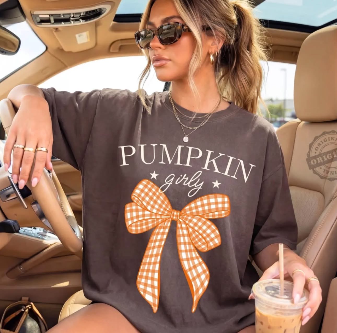 Pumpkin Girly Bow Graphic Tee | Fall Gingham Shirt | Cute Pumpkin Season T-Shirt