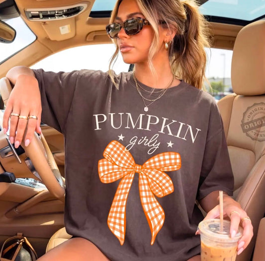 Pumpkin Girly Bow Graphic Tee | Fall Gingham Shirt | Cute Pumpkin Season T-Shirt