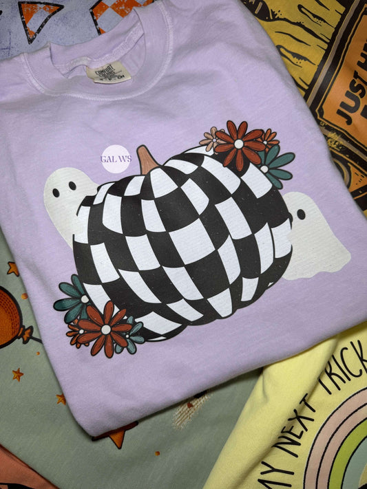 Checkered pumpkin & ghosts tee & sweatshirt