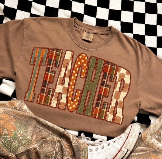 Teacher Patchwork Graphic Tee | Fall Teacher Shirt | Retro Classroom T-Shirt